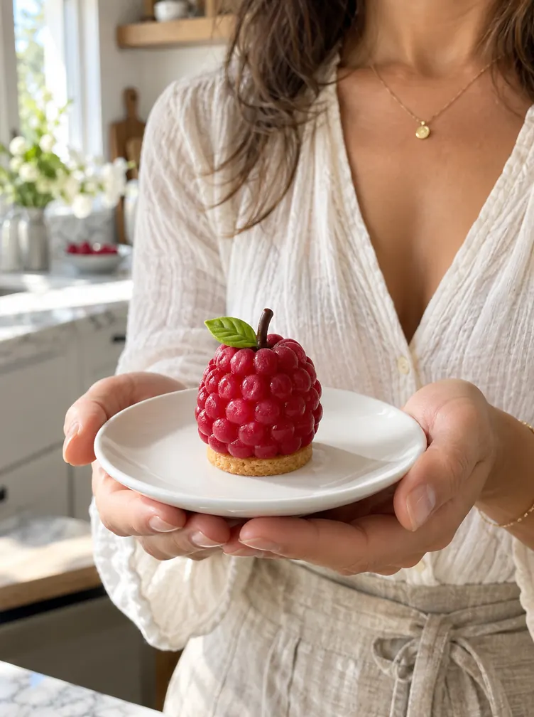 Someone holding a dessert shaped like a raspberry on a small plate
